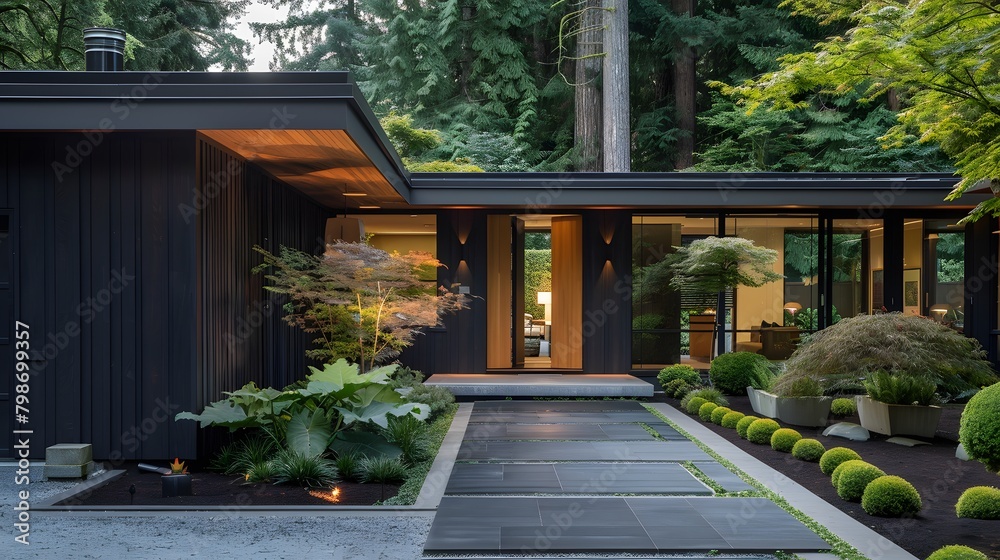 Main entrance door. Japanese, minimalist style exterior of villa in forest. Black panel walls and timber wood lining front door. Front yard with beautiful landscape design Main entrance door. Japanese, minimalist style exterior of villa in forest. Black panel walls and timber wood lining front door. Front yard with beautiful landscape design