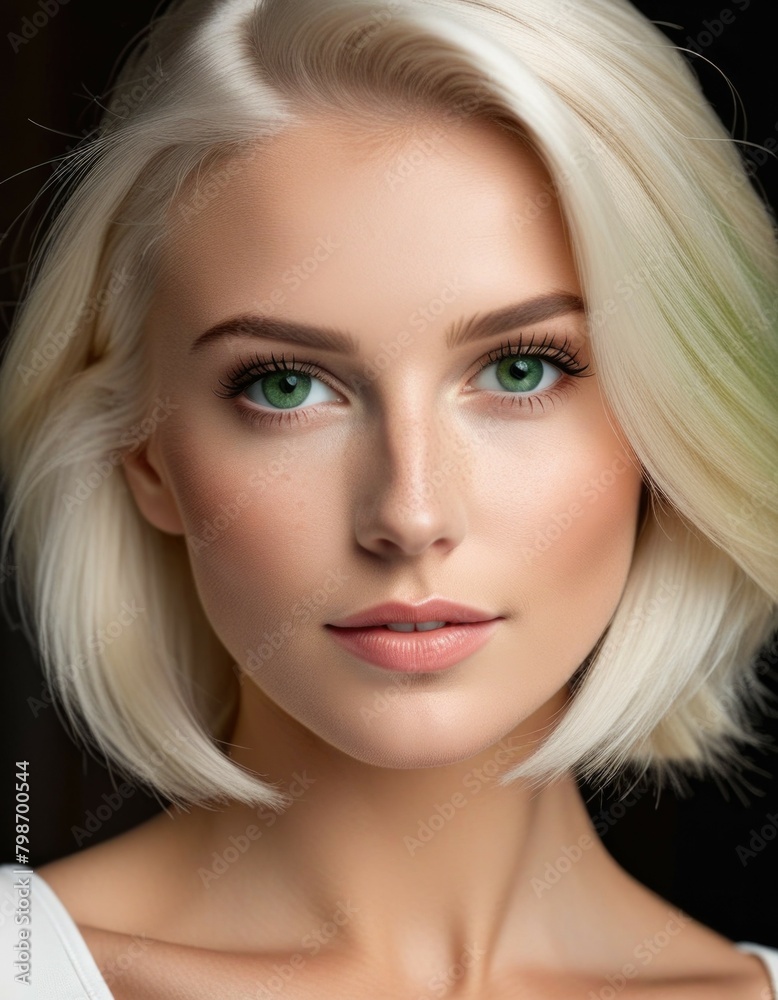 Blonde bob haircut young beautiful woman with green eyes Blonde bob haircut young beautiful woman with green eyes