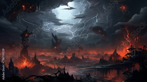 Apocalyptic landscape with ominous red planet and perpetual storms