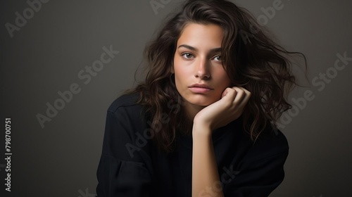 Portrait of a young model with a thoughtful expression, set against a soft, neutral background, capturing introspection