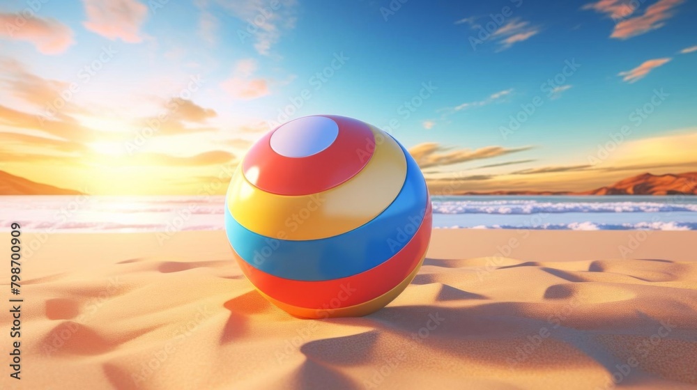 3D illustration of a colorful beach ball on sandy shores, with a bright sun setting in the background, summer vibe