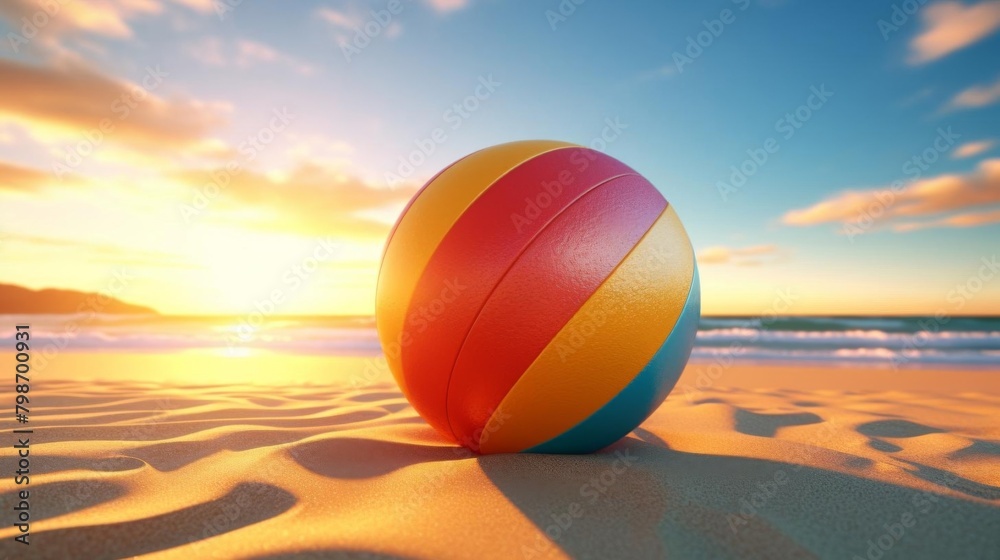3D illustration of a colorful beach ball on sandy shores, with a bright sun setting in the background, summer vibe