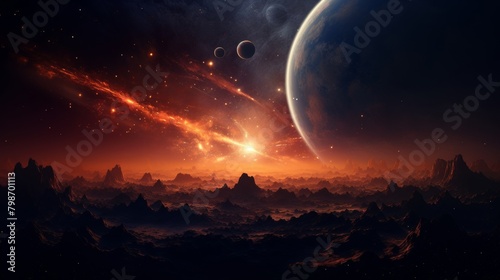Stunning cosmic landscape featuring a massive planet surrounded by space debris and glowing stars