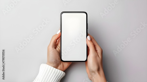 Smartphone mockup. Close up hand holding black phone white screen. Isolated on white background. Mobile phone frameless design concept. ai generated 