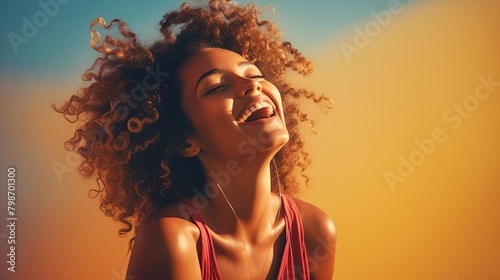 Closeup portrait of a young model laughing joyously, vibrant background that enhances the emotion of happiness