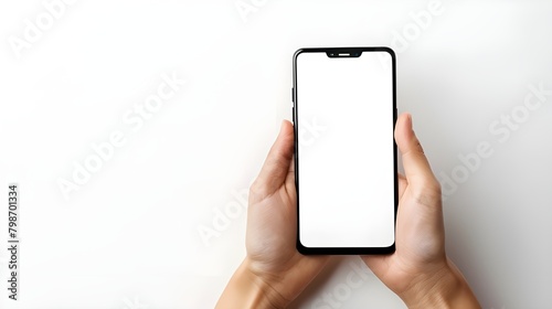 Smartphone mockup. Close up hand holding black phone white screen. Isolated on white background. Mobile phone frameless design concept. ai generated 