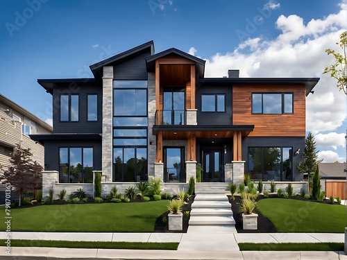  The typical exterior appearance of a freshly constructed contemporary suburban residence is against a vibrant blue sky.  © Land Stock