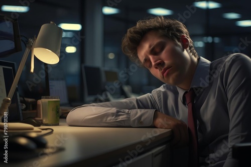 Face model portraying exhaustion, with a latenight office scene in the background, emphasizing the tired emotion