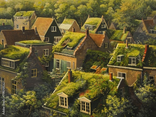 A charming illustration of a village with green rooftops, exuding a cozy, romantic atmosphere of a small countryside