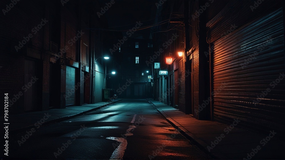 Create a noir-inspired cinematic photograph of an urban alleyway at night, illuminated by the glow of neon signs and streetlights. Emphasize contrasting light and shadow to evoke a sense of mystery an