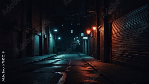 Create a noir-inspired cinematic photograph of an urban alleyway at night, illuminated by the glow of neon signs and streetlights. Emphasize contrasting light and shadow to evoke a sense of mystery an
