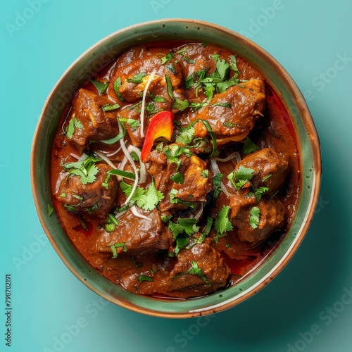An Indian Madras curry dish, photographed from above, is delicately placed against a turquoise background, creating a harmonious and appetizing spectacle