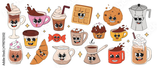 Retro characters set of coffee and desserts. Groovy cartoon stickers or mascots for cafe or cafeteria. Vector illustration.