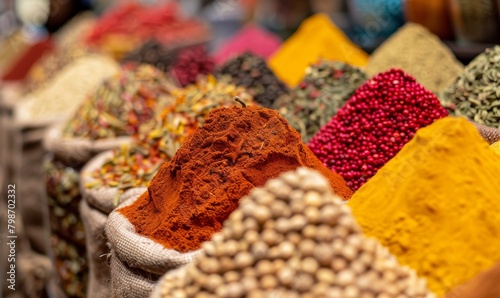 The photograph picturesquely reveals a variety of vibrant spices at a market stall, inviting you to an exciting culinary journey photo