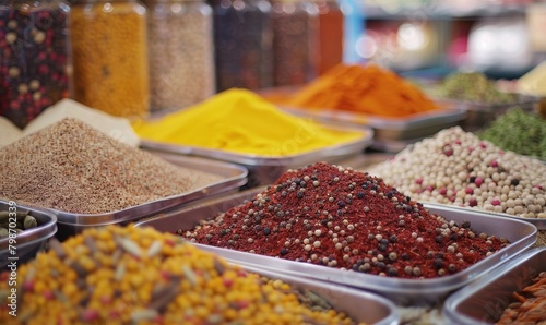 The photograph picturesquely reveals a variety of vibrant spices at a market stall, inviting you to an exciting culinary journey