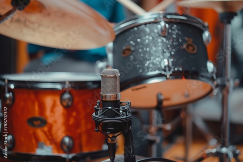 Close-up shot of a professional microphone attached to an acoustic drum kit for recording and amplification, with a blurred background photo