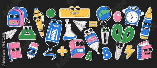 Set of school stickers supplies in groovy style. Retro characters with face in style of 60s 70s. Vector illustration.