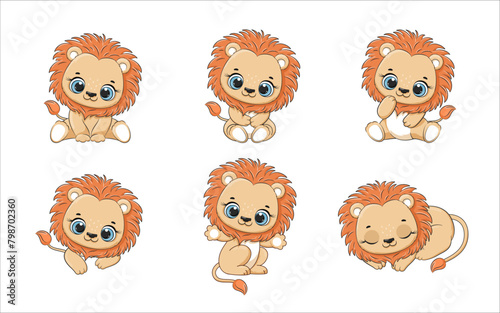 Set of cute baby lion in different poses. Vector illustration.