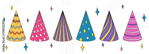 Birthday party hats in groovy style. Retro vector illustration.