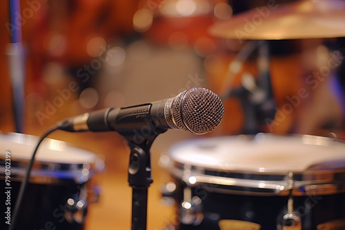 Close-up of a professional microphone placed near the snare drum in a music recording studio setup photo