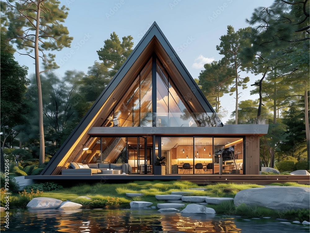 Modern triangular house surrounded by trees, featuring large windows and a serene pond, ideal for nature lovers and contemporary architecture enthusiasts. Modern triangular house surrounded by trees, featuring large windows and a serene pond, ideal for nature lovers and contemporary architecture enthusiasts.