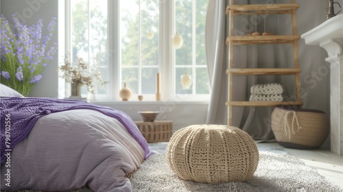 The photo focuses on a brown rattan pillow on the floor. The floor is covered with white carpet. There was a bed on the side with wooden shelves and a window that looked outside with soft sunlight. photo
