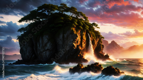 A dramatic coastal cliffside, with waves crashing against rugged rocks and framed by a vibrant sunset sky