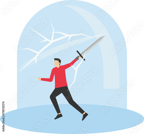 Breaking limits challenge yourself to overcome boundary, effort and strength to break limit, attitude to success, get out of comfort zone for freedom, businessman breaking boundary cover.

