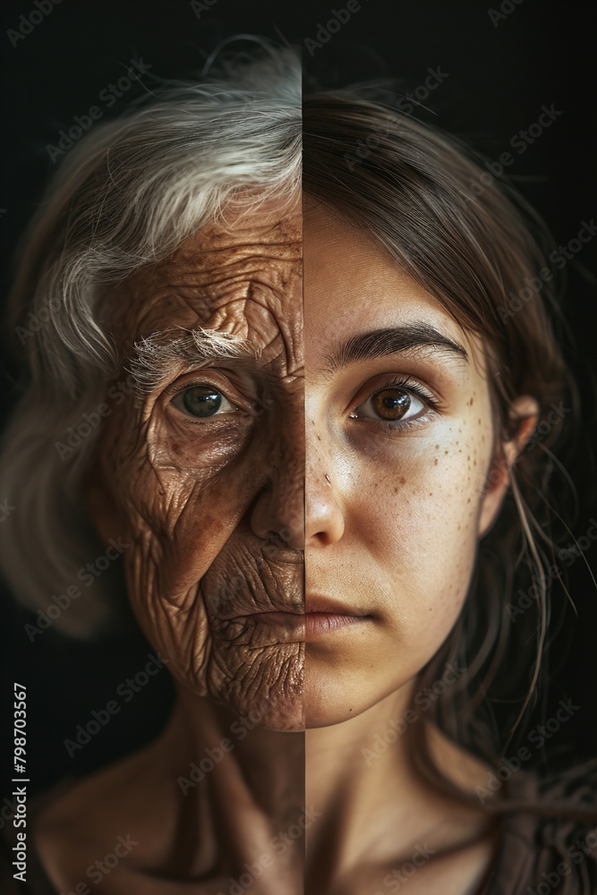 A female face split in two, one of a young girl, the other of an elderly 80-year-old woman. The same person aged and young. A female face split in two, one of a young girl, the other of an elderly 80-year-old woman. The same person aged and young.