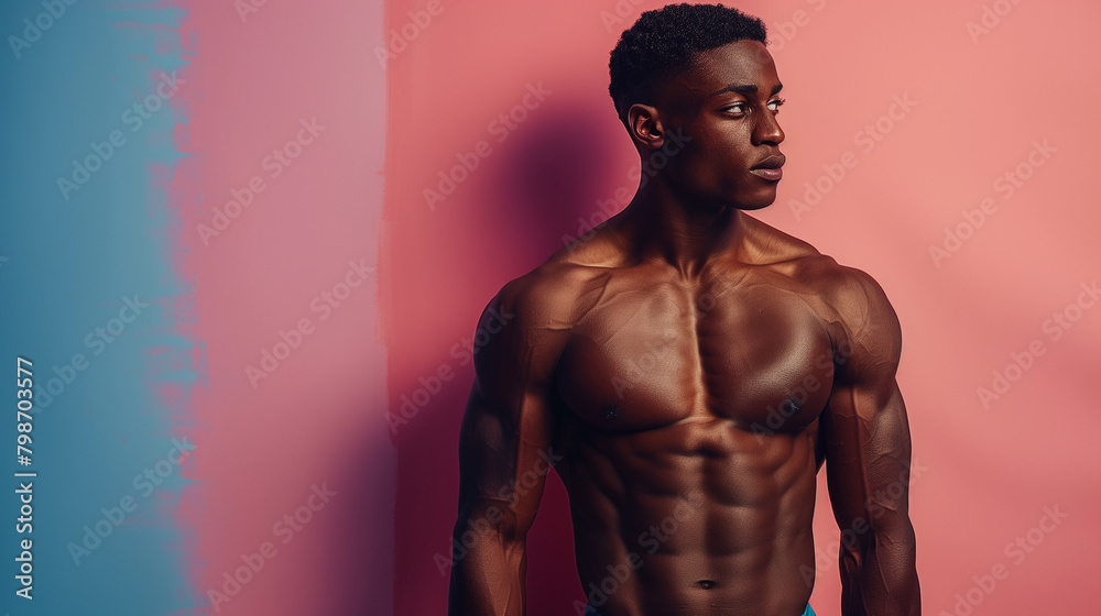 A muscular African American male model posing confidently with a light pastel background, showcasing fitness and health. A muscular African American male model posing confidently with a light pastel background, showcasing fitness and health.