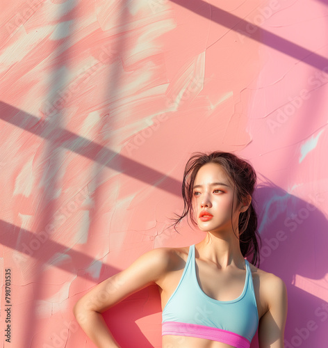 Stylish Asian fitness model radiates confidence in casual workout wear against a serene pastel background.