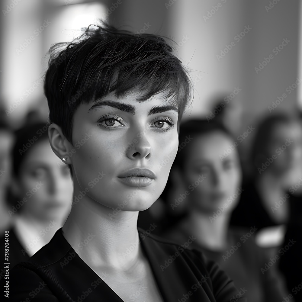 Black and white photo of a woman with short hair that looks cool and ...