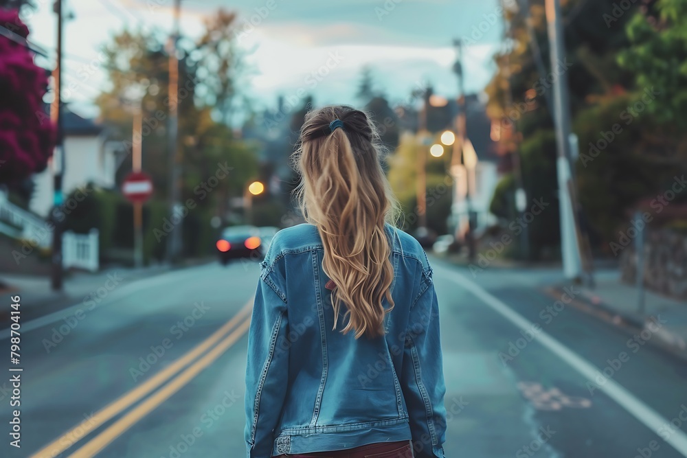 Lifestyle of a 20-year-old woman wearing a jeans shirt, long hair, the background is a road in the evening. woman walking on the street. Generative Ai Lifestyle of a 20-year-old woman wearing a jeans shirt, long hair, the background is a road in the evening. woman walking on the street. Generative Ai