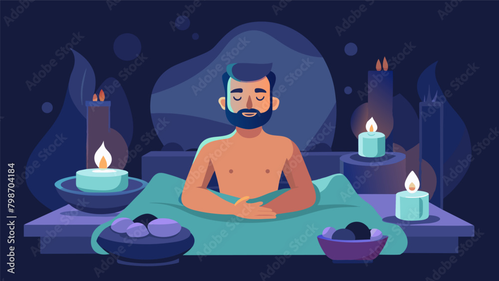 Surrounded by flickering candles and soft music a man enjoys a hot stone massage the warmth from the stones melting away his tension and stress.. Surrounded by flickering candles and soft music a man enjoys a hot stone massage the warmth from the stones melting away his tension and stress..