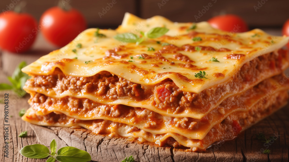 Homemade traditional Italian lasagna on wooden table. Homemade traditional Italian lasagna on wooden table.