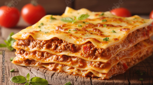 Homemade traditional Italian lasagna on wooden table.