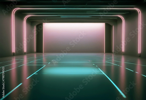  arena ice floor Empty neon abstract render Dark 3d violet glowing background room blue poduim three-dimensional line ultraviolet glow showcase scene field 