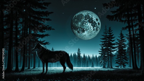 wolf and full moon photo