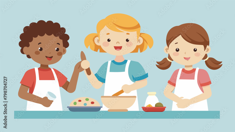 A group of children each wearing a personalized apron busily mix ingredients and take turns using the rolling pin to make and decorate homemade A group of children each wearing a personalized apron busily mix ingredients and take turns using the rolling pin to make and decorate homemade