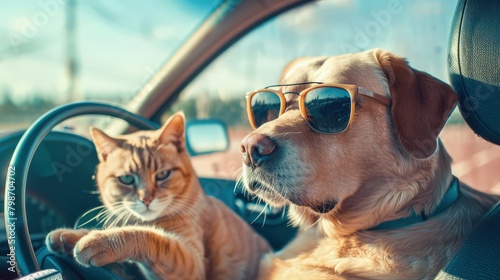 A dog labrador in glasses with his cat is driving a auto on the highway.