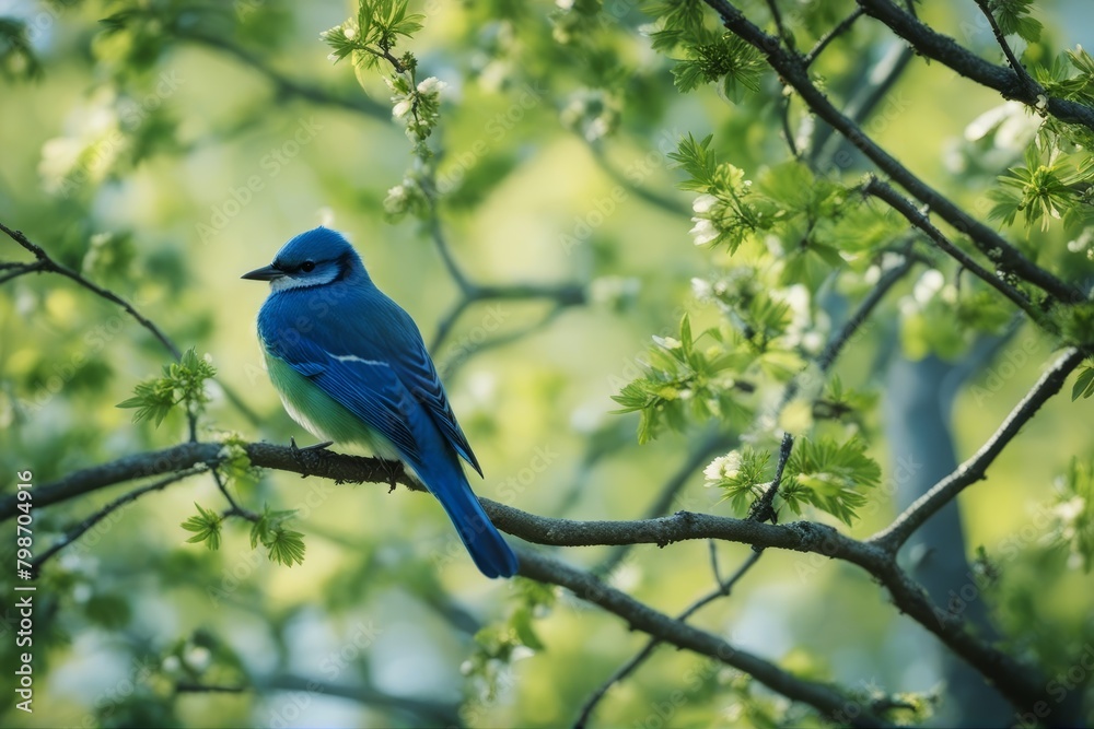 'sings early tit blue song spring tree young bird green animal april background beak beautiful beauty beginning black blossom bright colours cute day decoration feather forest freshness garden great'