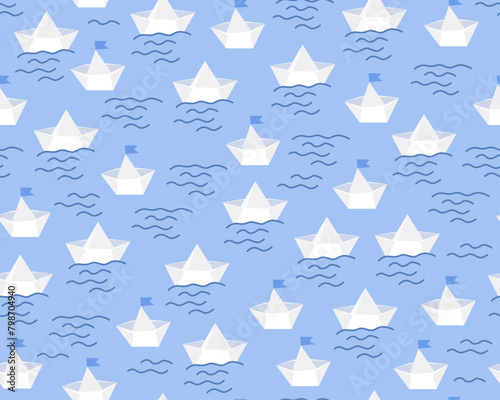 Sea seamless pattern. Summer childish pattern. Paper boats on the waves. White boats on a blue background.  Sea with waves. Cute cartoon design. Design for fabric, paper, print, wrapping.