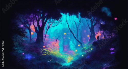 A deep forest landscape at night glowing plants, Avatar pandora forest in deep space, magic, alien forest, outer world plantation, vibrant colors, white background, magic splash, Generative Ai. © Daedal