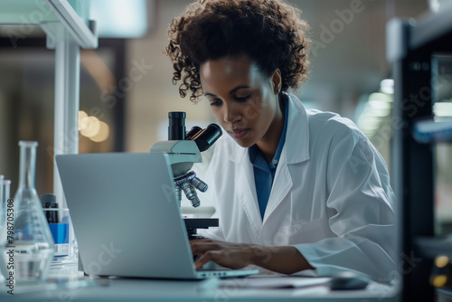 Confident female researcher adjusting microscope settings while focused on her laptop screen in a high-tech lab