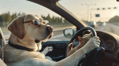 A dog labrador in glasses with his cat is driving a auto on the highway. © Nazia