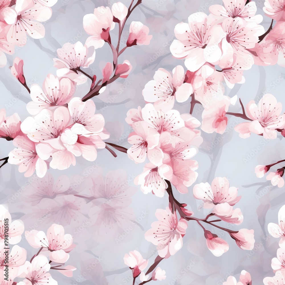 Transport yourself to a serene cherry blossom garden with seamless patterns featuring delicately rendered 3D cherry blossoms in full bloom, evoking a sense of realism