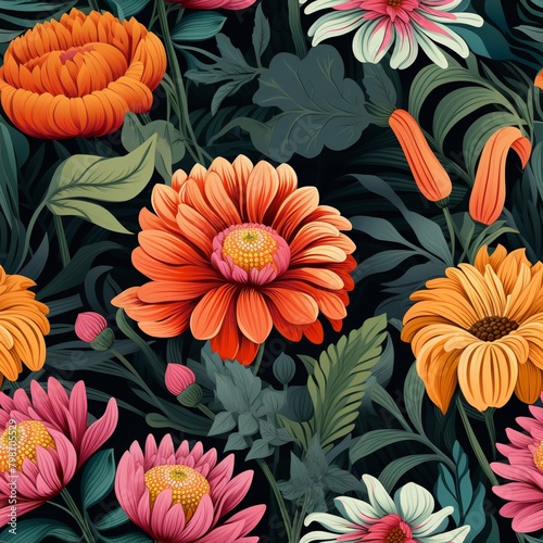 A beautiful floral pattern with orange  yellow  and pink flowers on a dark green background