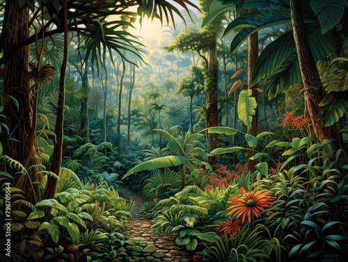 Illustrate a lush  towering jungle canopy from a worms-eye view  highlighting intricate details and soft hues reminiscent of a watercolor painting