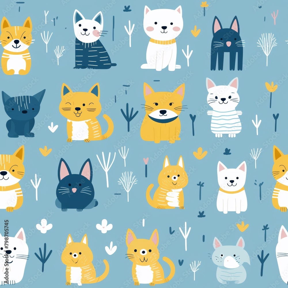 Hand-lettered style mural painting of cute pets, light yellow and dark azure on a white background Hand-lettered style mural painting of cute pets, light yellow and dark azure on a white background