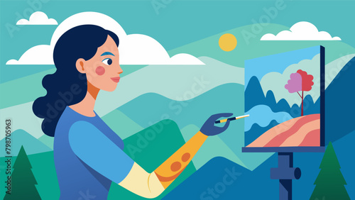 A woman paints a beautiful landscape effortlessly holding the brush with her neuroprosthetic hand allowing her to continue her passion despite her.